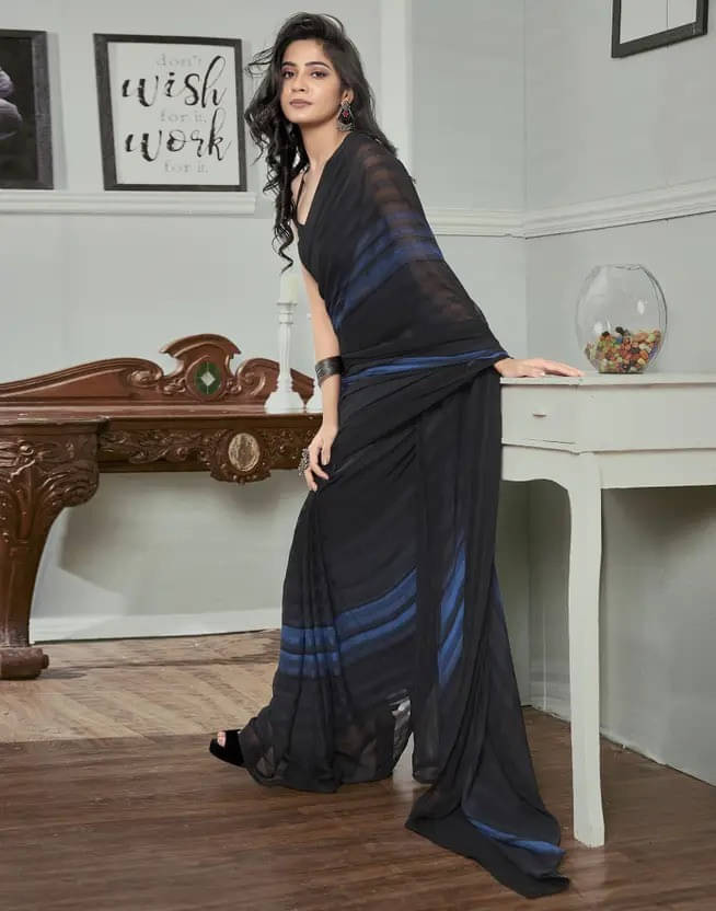    			VRAGI Chiffon Striped Regular Saree With Unstitched Blouse Piece ( Black )