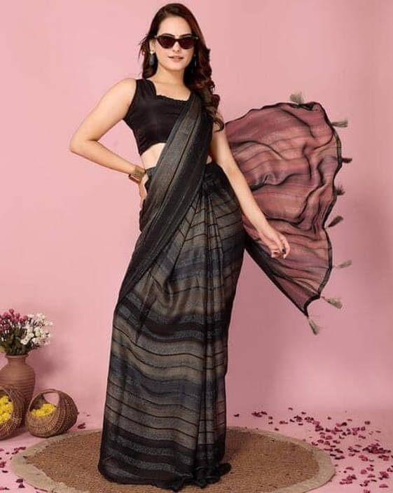     			VRAGI Chiffon Striped Regular Saree With Unstitched Blouse Piece ( Black )