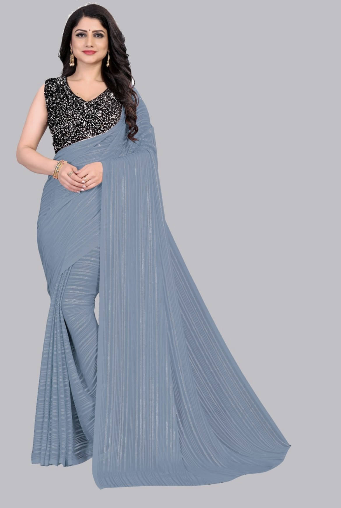     			VRAGI Chiffon Striped Regular Saree With Unstitched Blouse Piece ( Grey )
