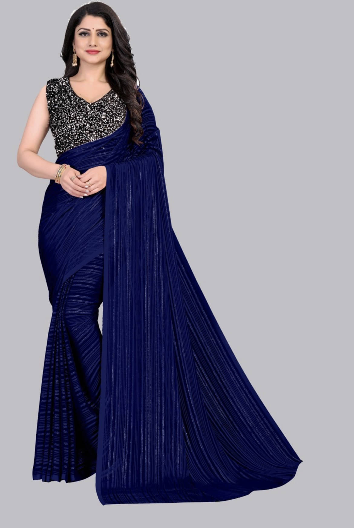     			VRAGI Chiffon Striped Regular Saree With Unstitched Blouse Piece ( Navy Blue )