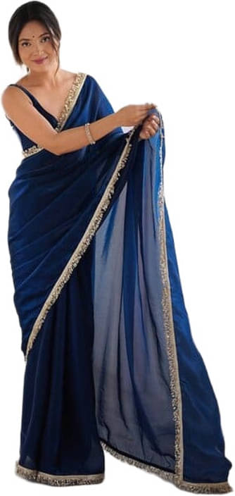     			VRAGI Chiffon Striped Regular Saree With Unstitched Blouse Piece ( Blue )