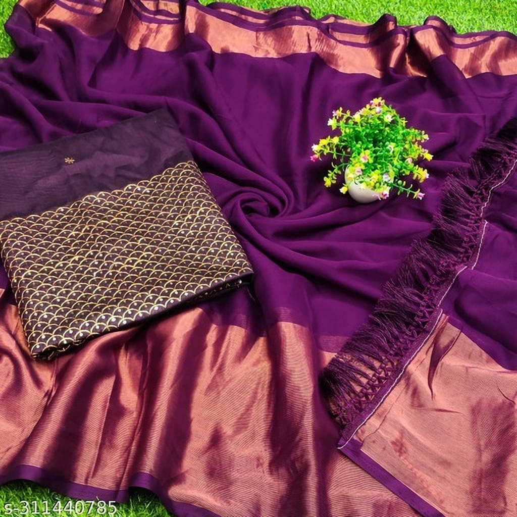 VRAGI Chiffon Woven Regular Saree With Unstitched Blouse Piece ( Purple ) VRAGI Chiffon Woven Regular Saree With Unstitched Blouse Piece ( Purple )