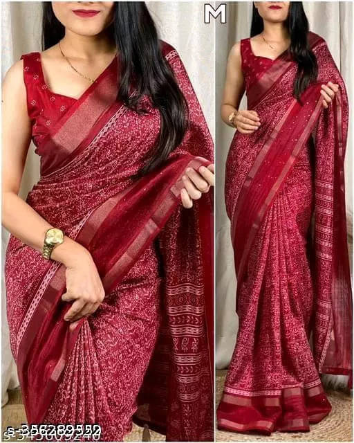     			VRAGI Cotton Blend Printed Chanderi saree With Unstitched Blouse Piece ( Maroon )