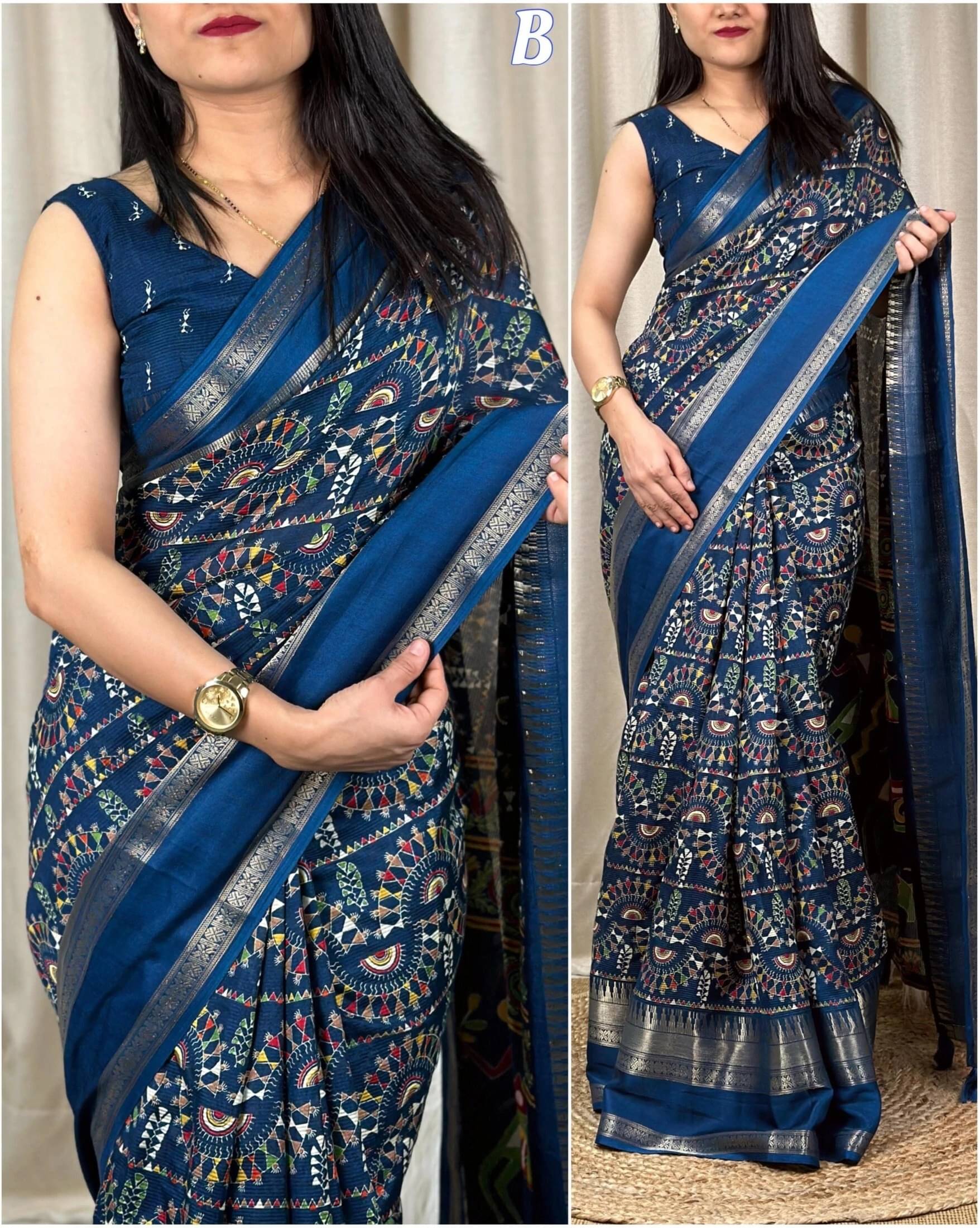 VRAGI Cotton Silk Printed Regular Saree With Unstitched Blouse Piece ( Light Blue )     			VRAGI Cotton Silk Printed Regular Saree With Unstitched Blouse Piece ( Light Blue )