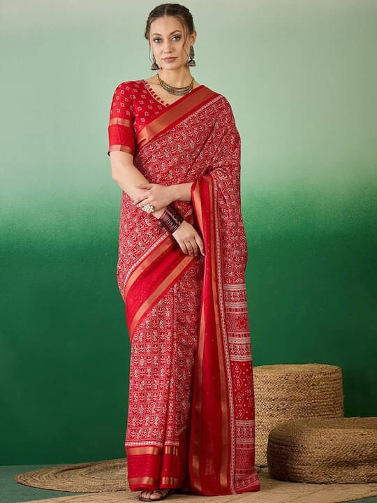 VRAGI Cotton Silk Printed Regular Saree With Unstitched Blouse Piece ( Red ) VRAGI Cotton Silk Printed Regular Saree With Unstitched Blouse Piece ( Red )