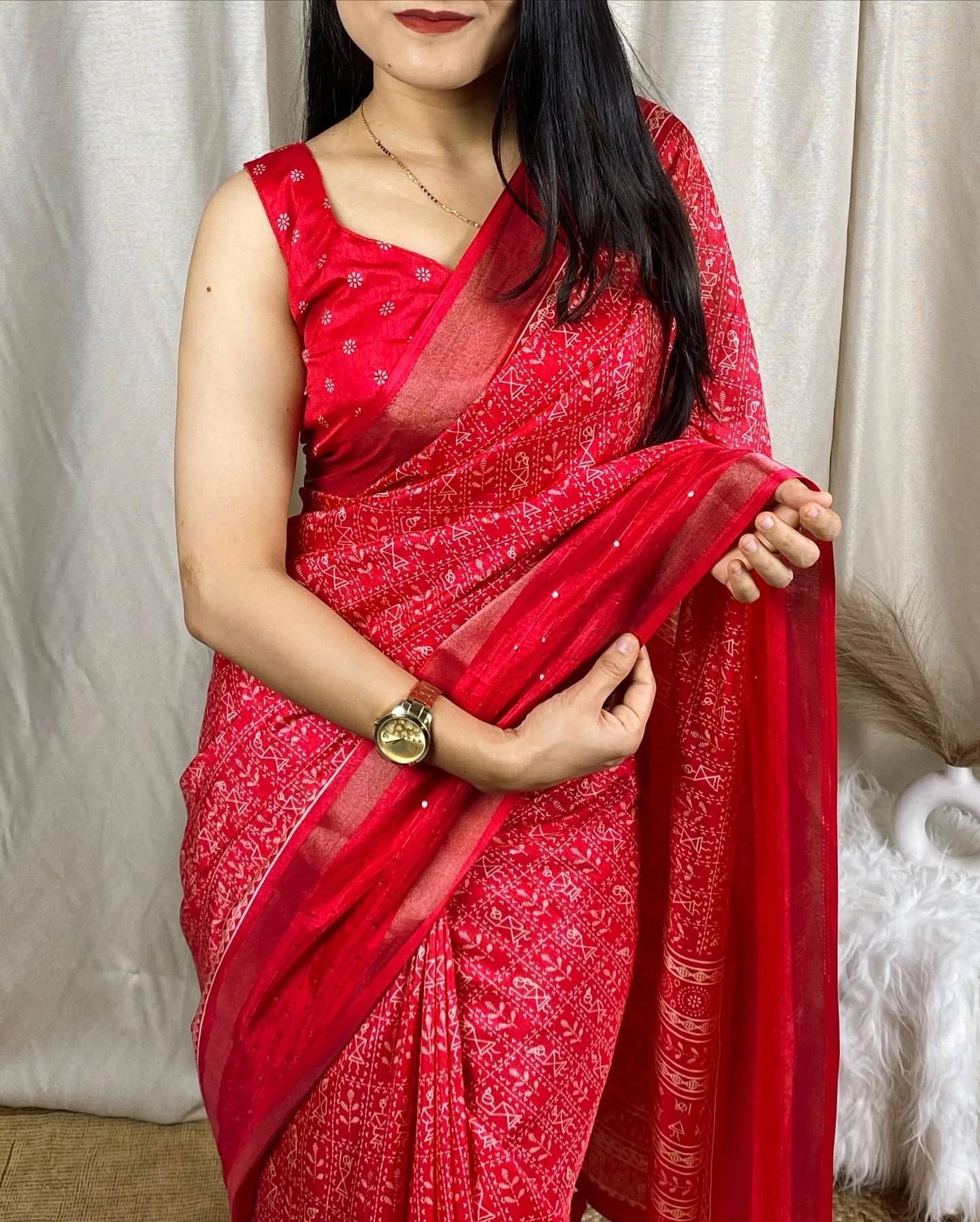     			VRAGI Cotton Silk Printed Regular Saree With Unstitched Blouse Piece ( Red )