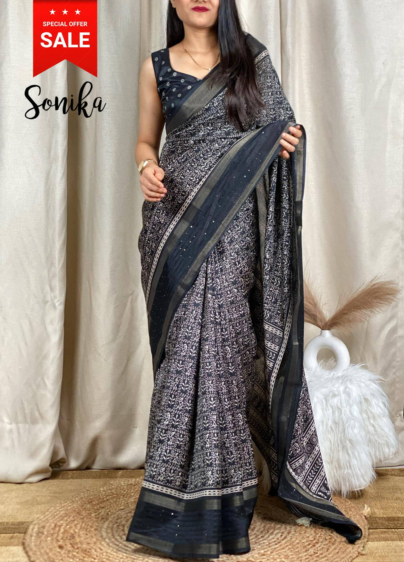 VRAGI Cotton Silk Printed Regular Saree With Unstitched Blouse Piece ( Black ) VRAGI Cotton Silk Printed Regular Saree With Unstitched Blouse Piece ( Black )