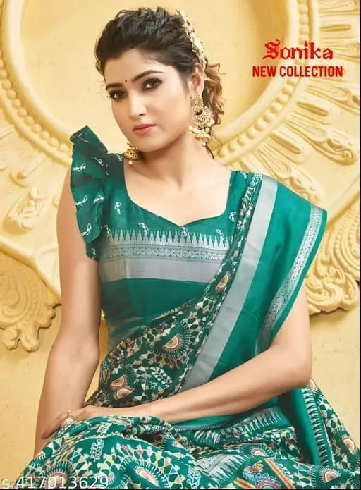     			VRAGI Cotton Silk Printed Regular Saree With Unstitched Blouse Piece ( Blue )