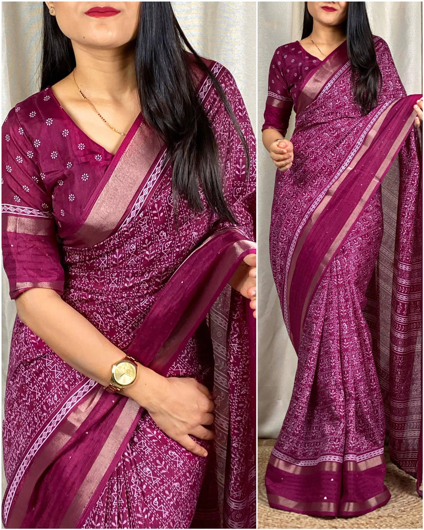     			VRAGI Cotton Silk Printed Regular Saree With Unstitched Blouse Piece ( Purple )