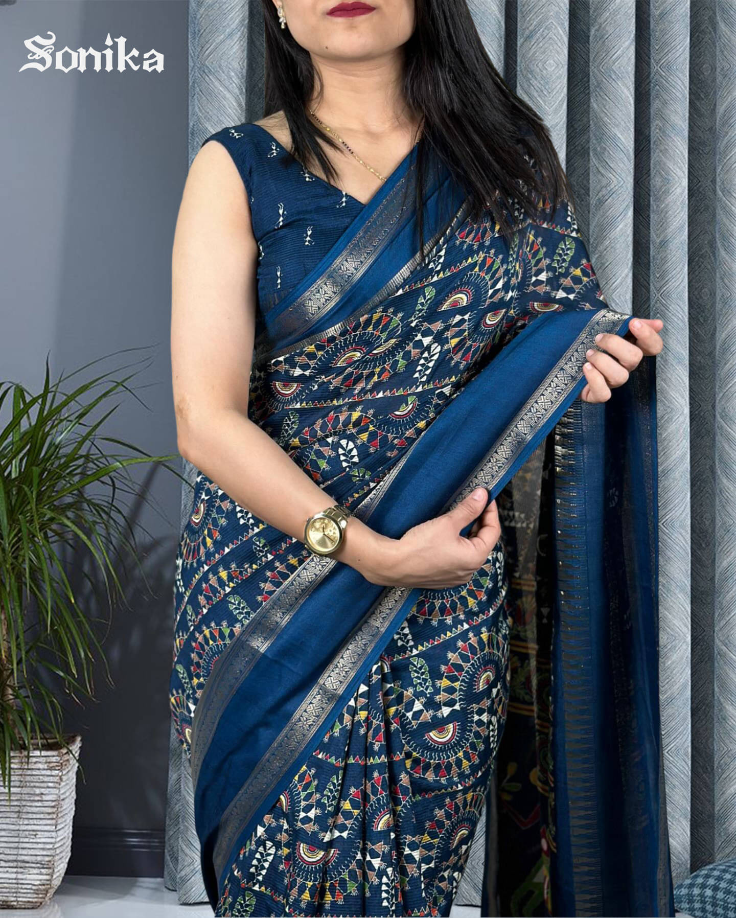     			VRAGI Cotton Silk Printed Regular Saree With Unstitched Blouse Piece ( Blue )