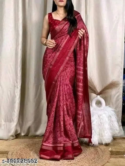     			VRAGI Cotton Silk Printed Regular Saree With Unstitched Blouse Piece ( Maroon )