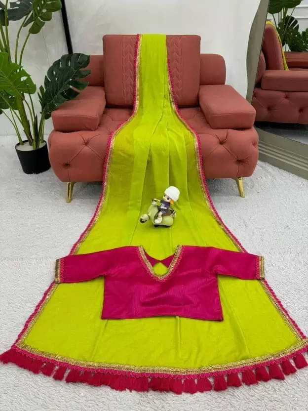     			VRAGI Georgette Embroidered Leheriya Saree With Unstitched Blouse Piece ( Green )