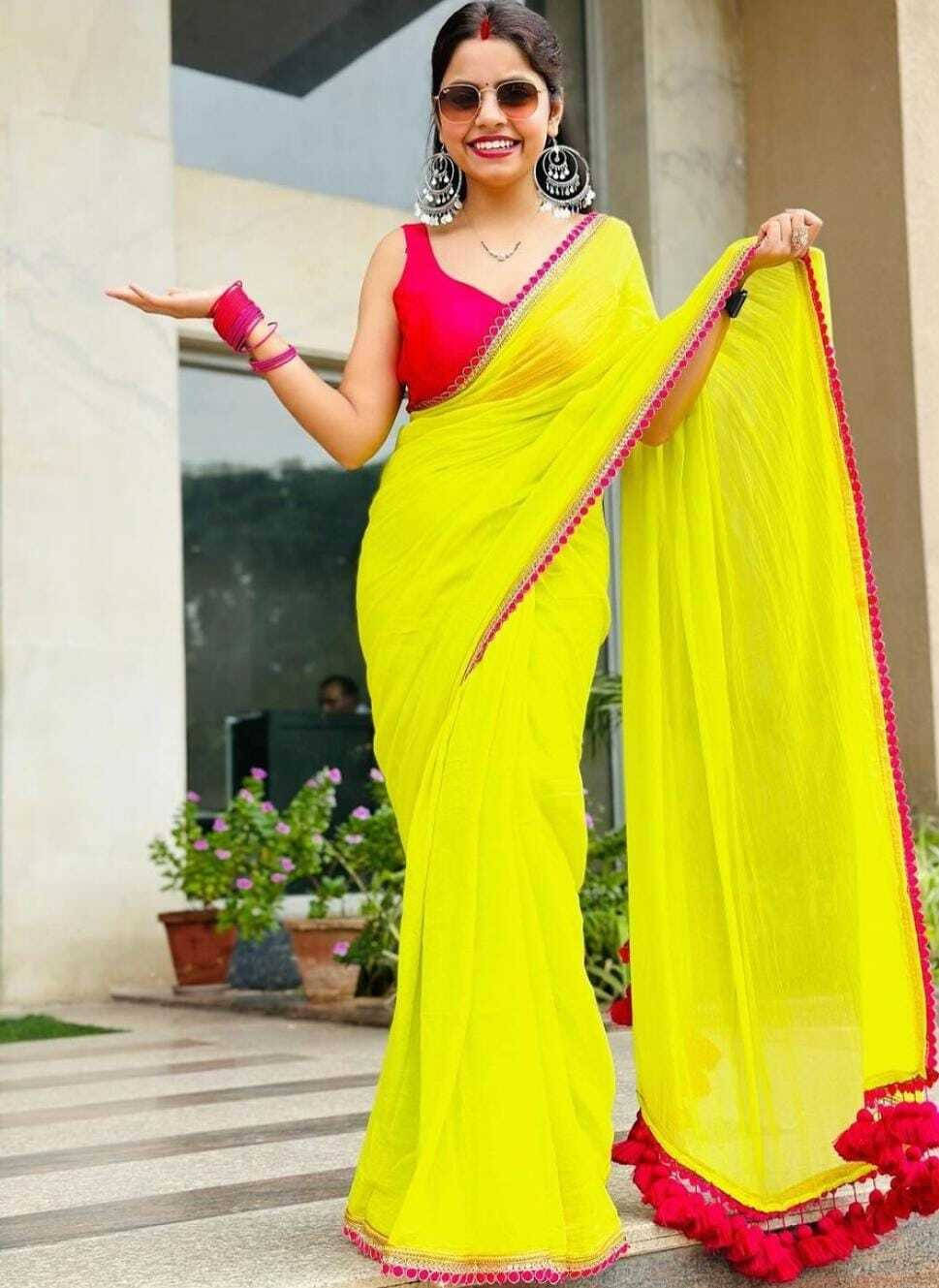     			VRAGI Georgette Embroidered Regular Saree With Unstitched Blouse Piece ( Yellow )