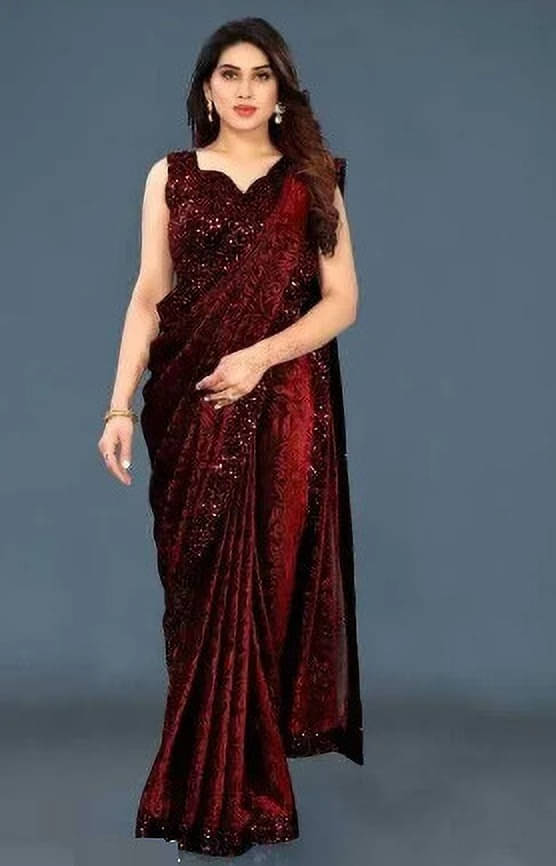     			VRAGI Georgette Embroidered Regular Saree With Unstitched Blouse Piece ( Maroon )
