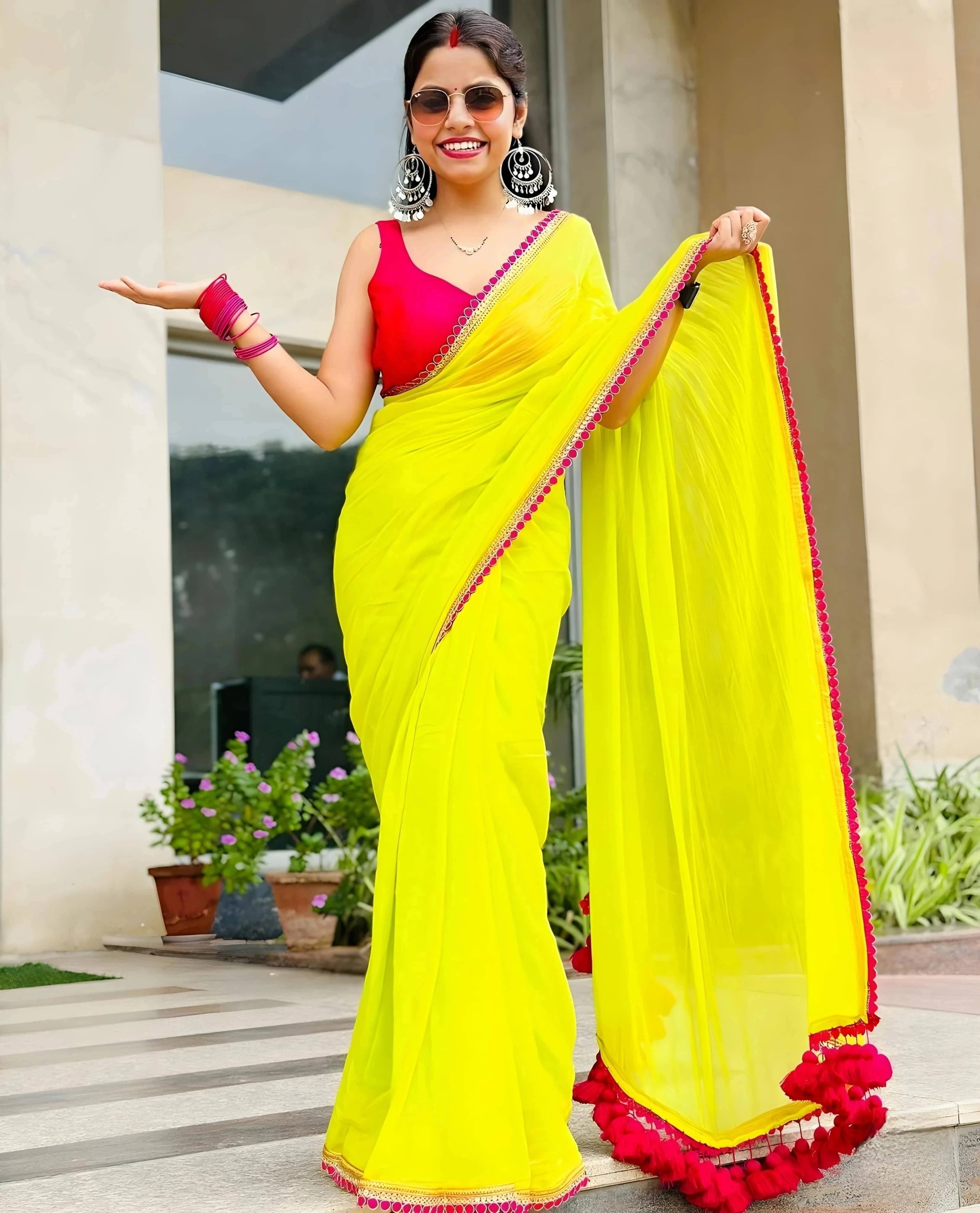    			VRAGI Georgette Printed Regular Saree With Unstitched Blouse Piece ( Yellow )