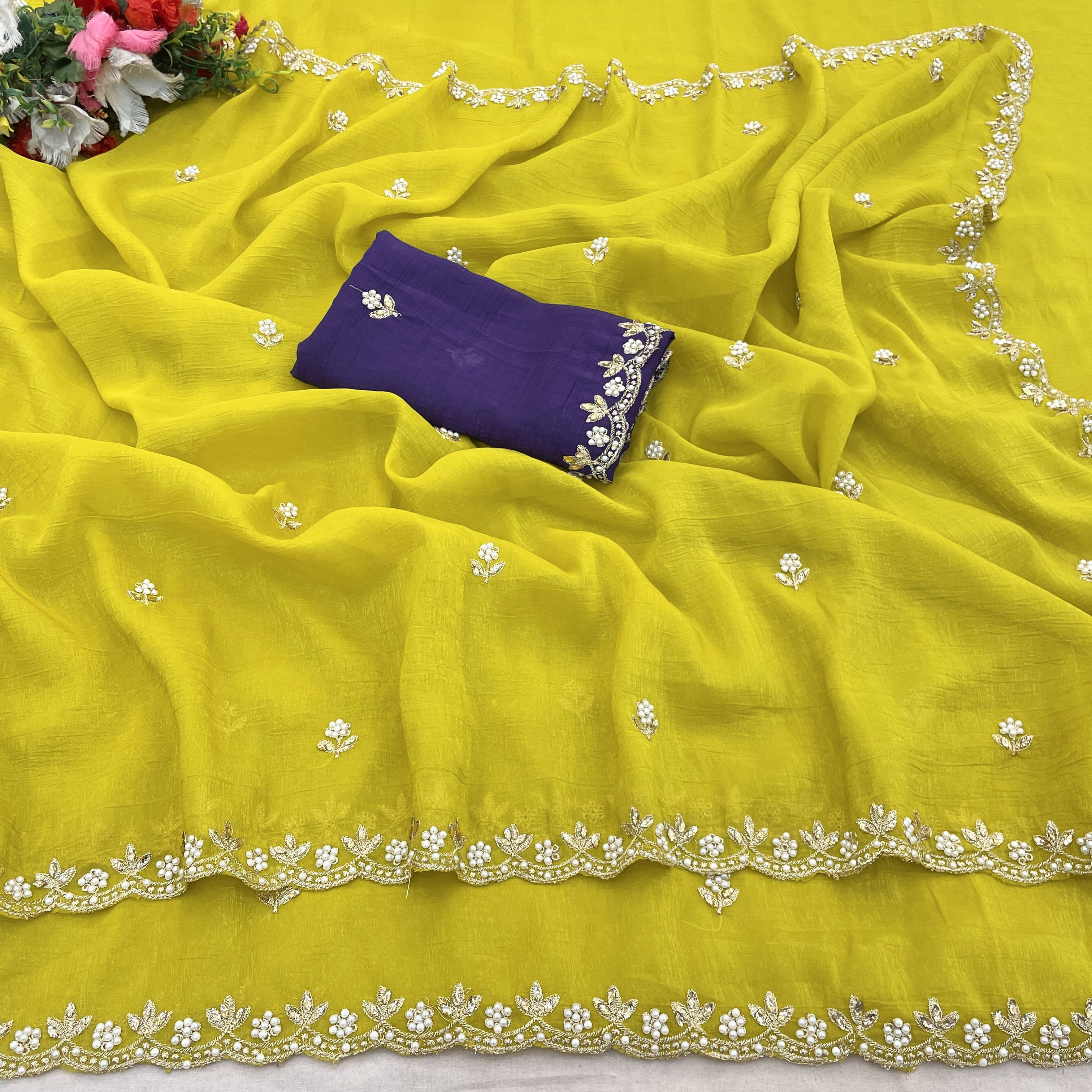     			VRAGI Georgette Self Design Regular Saree With Unstitched Blouse Piece ( Mustard )