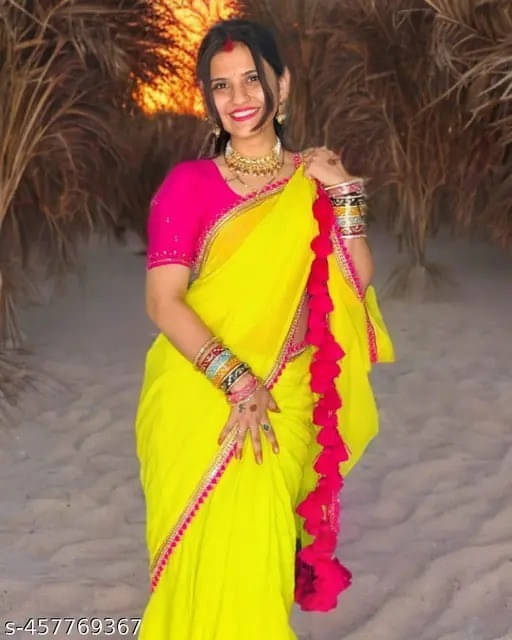     			VRAGI Georgette Solid Leheriya Saree With Unstitched Blouse Piece ( Yellow )