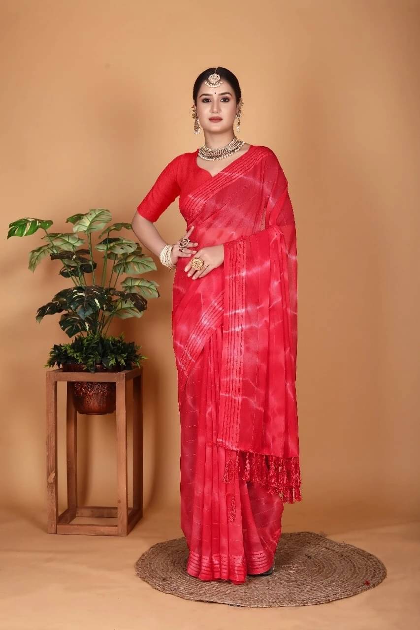 VRAGI Georgette Solid Regular Saree With Unstitched Blouse Piece ( Red ) VRAGI Georgette Solid Regular Saree With Unstitched Blouse Piece ( Red )