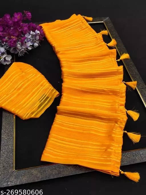 VRAGI Georgette Striped Regular Saree With Unstitched Blouse Piece ( Yellow ) VRAGI Georgette Striped Regular Saree With Unstitched Blouse Piece ( Yellow )