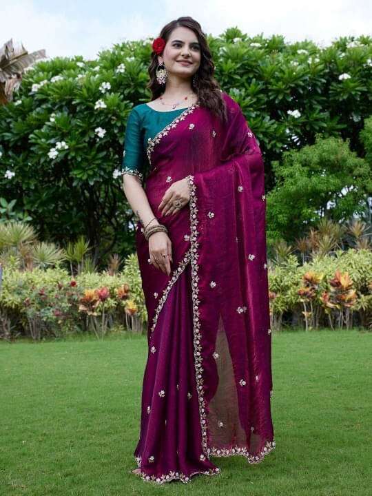 VRAGI Jimmy Choo Embroidered Regular Saree With Unstitched Blouse Piece ( Purple ) VRAGI Jimmy Choo Embroidered Regular Saree With Unstitched Blouse Piece ( Purple )
