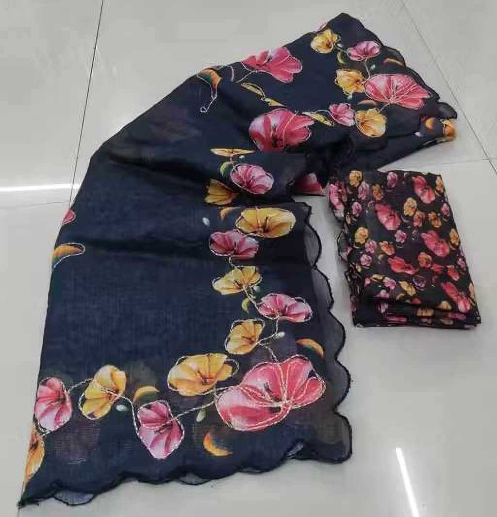     			VRAGI Linen Printed Regular Saree With Unstitched Blouse Piece ( Black )