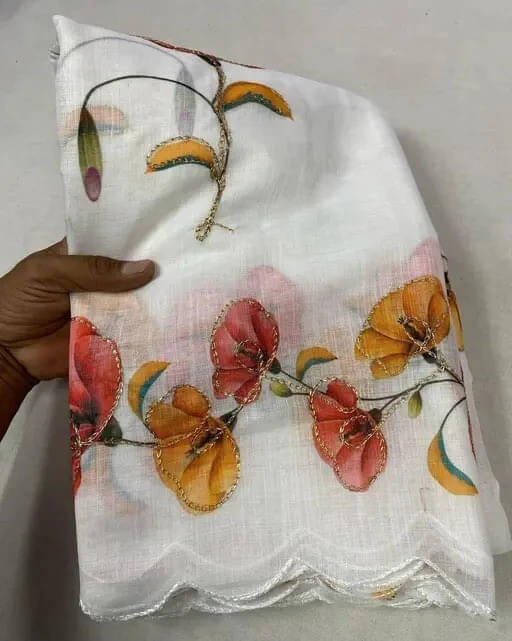     			VRAGI Linen Printed Regular Saree With Unstitched Blouse Piece ( White )