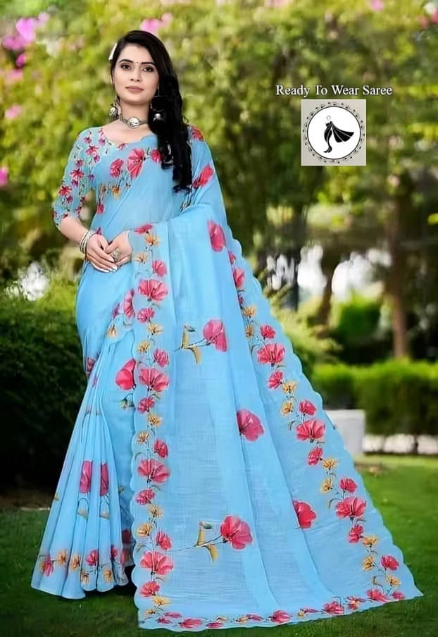     			VRAGI Linen Printed Regular Saree With Unstitched Blouse Piece ( Blue )