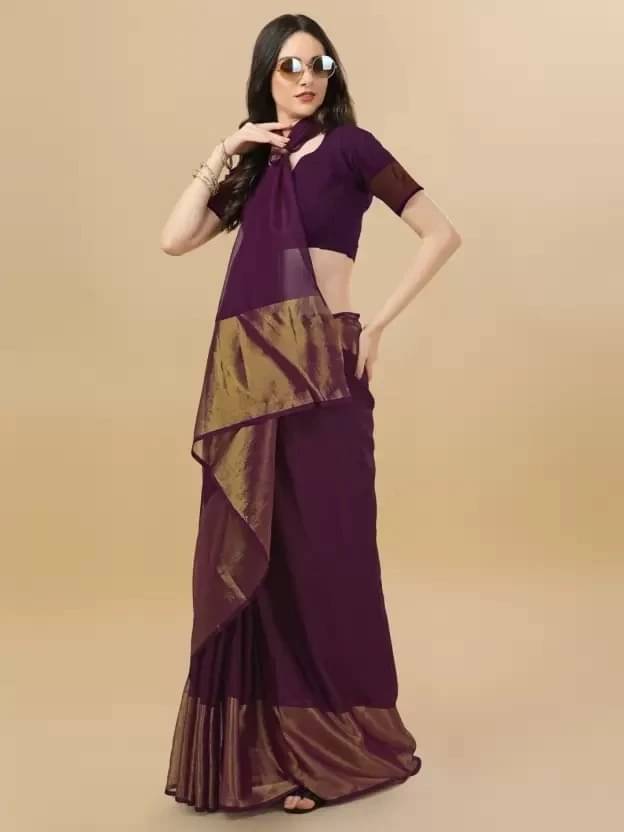     			VRAGI Linen Printed Regular Saree With Unstitched Blouse Piece ( Purple )