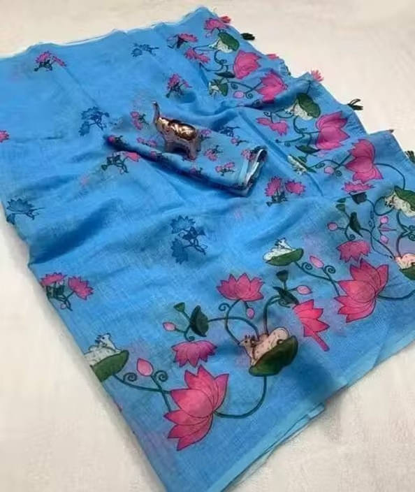 VRAGI Linen Printed Regular Saree With Unstitched Blouse Piece ( Light Blue ) VRAGI Linen Printed Regular Saree With Unstitched Blouse Piece ( Light Blue )