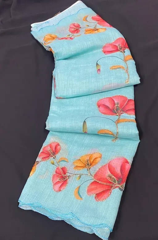VRAGI Linen Printed Regular Saree With Unstitched Blouse Piece ( Light Blue ) VRAGI Linen Printed Regular Saree With Unstitched Blouse Piece ( Light Blue )