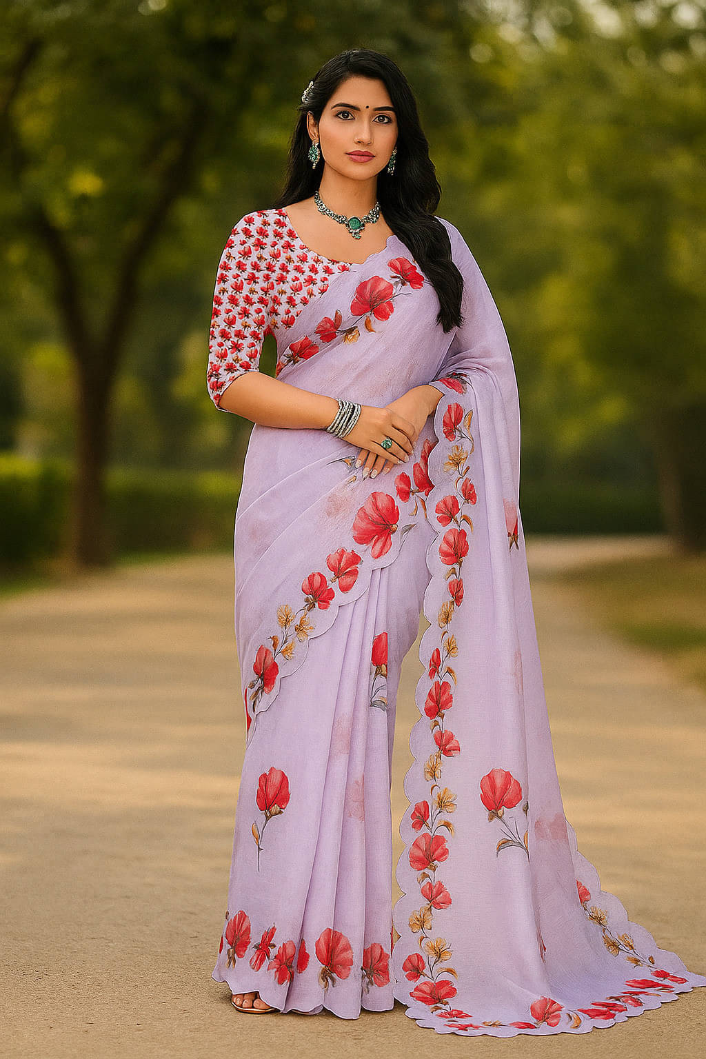     			VRAGI Linen Printed Regular Saree With Unstitched Blouse Piece ( Purple )