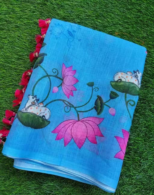 VRAGI Linen Printed Regular Saree With Unstitched Blouse Piece ( Light Blue ) VRAGI Linen Printed Regular Saree With Unstitched Blouse Piece ( Light Blue )