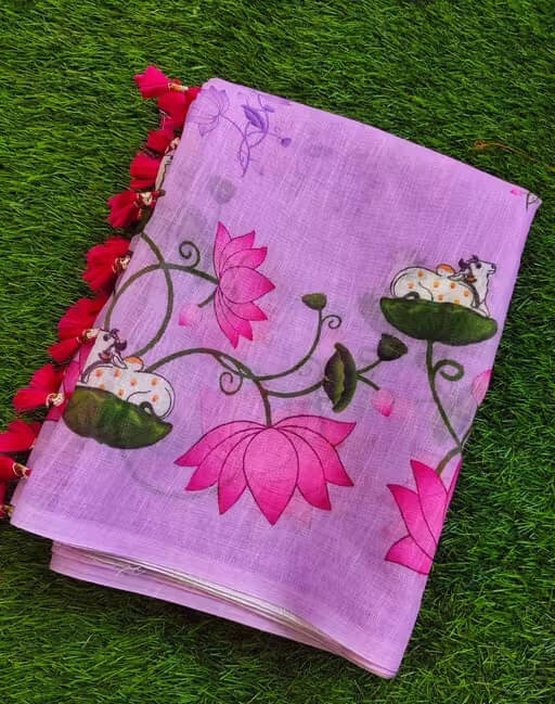 VRAGI Linen Printed Regular Saree With Unstitched Blouse Piece ( Purple ) VRAGI Linen Printed Regular Saree With Unstitched Blouse Piece ( Purple )