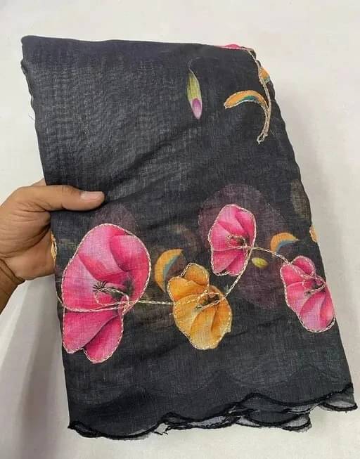 VRAGI Linen Printed Regular Saree With Unstitched Blouse Piece ( Black ) VRAGI Linen Printed Regular Saree With Unstitched Blouse Piece ( Black )