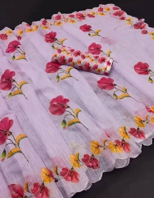     			VRAGI Linen Printed Regular Saree With Unstitched Blouse Piece ( Purple )
