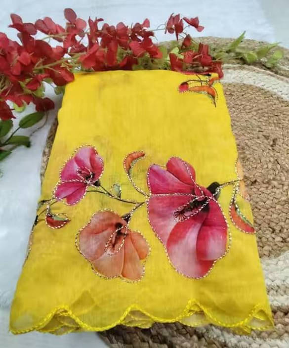     			VRAGI Linen Printed Regular Saree With Unstitched Blouse Piece ( Yellow )