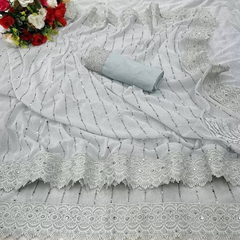     			VRAGI Lycra Applique Regular Saree With Unstitched Blouse Piece ( Silver )