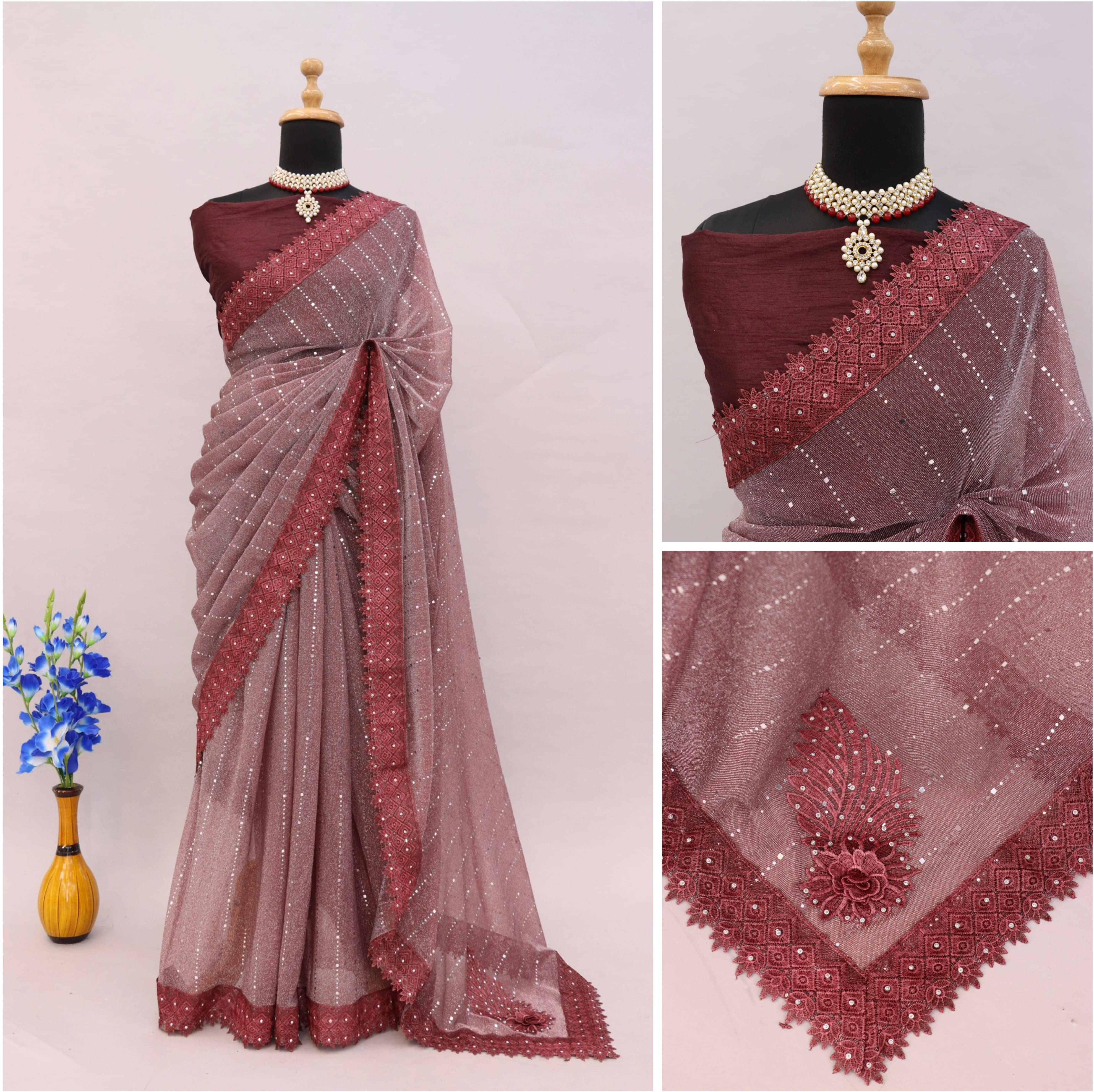     			VRAGI Lycra Applique Regular Saree With Unstitched Blouse Piece ( Maroon )