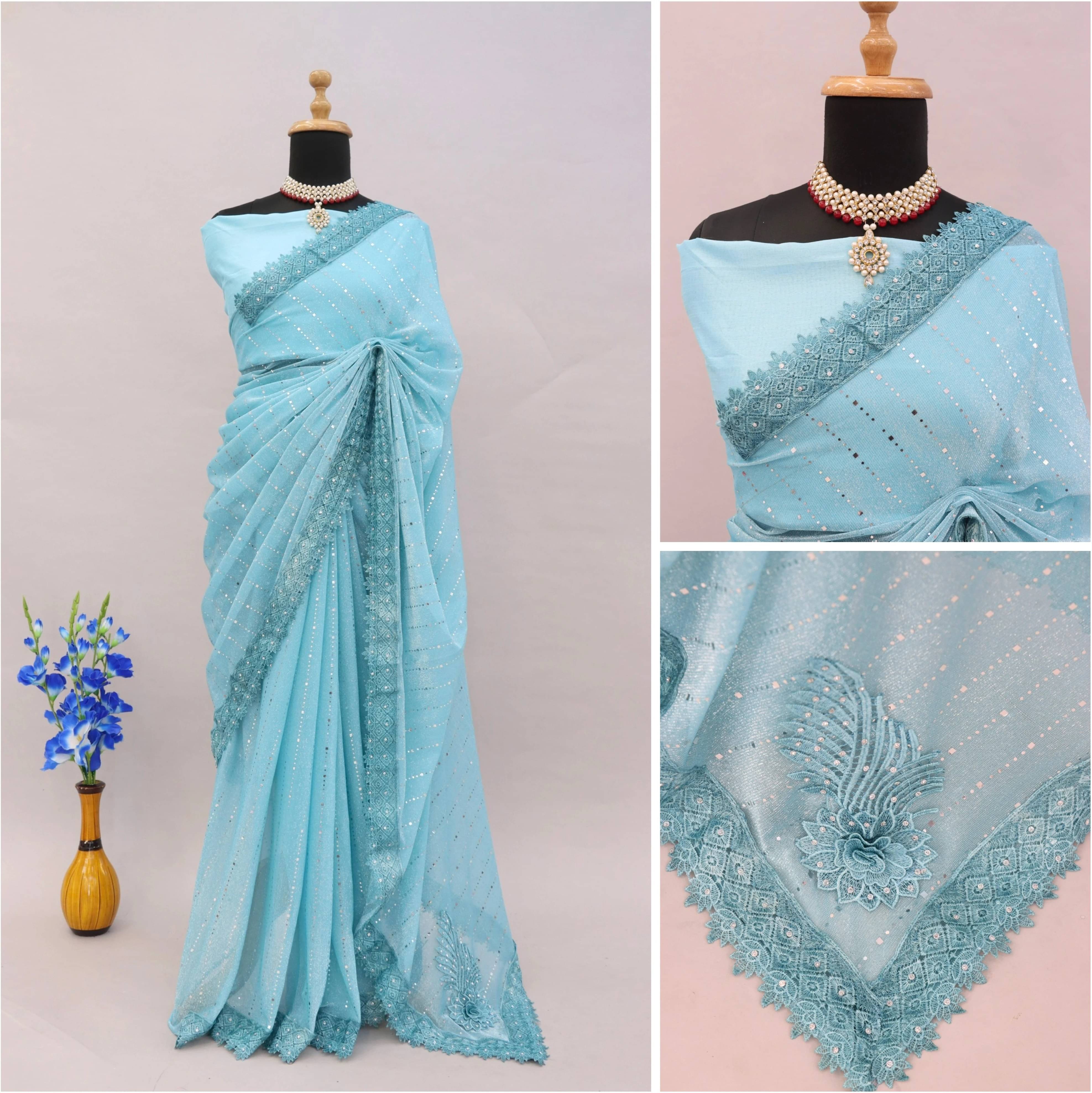     			VRAGI Lycra Applique Regular Saree With Unstitched Blouse Piece ( Light Blue )