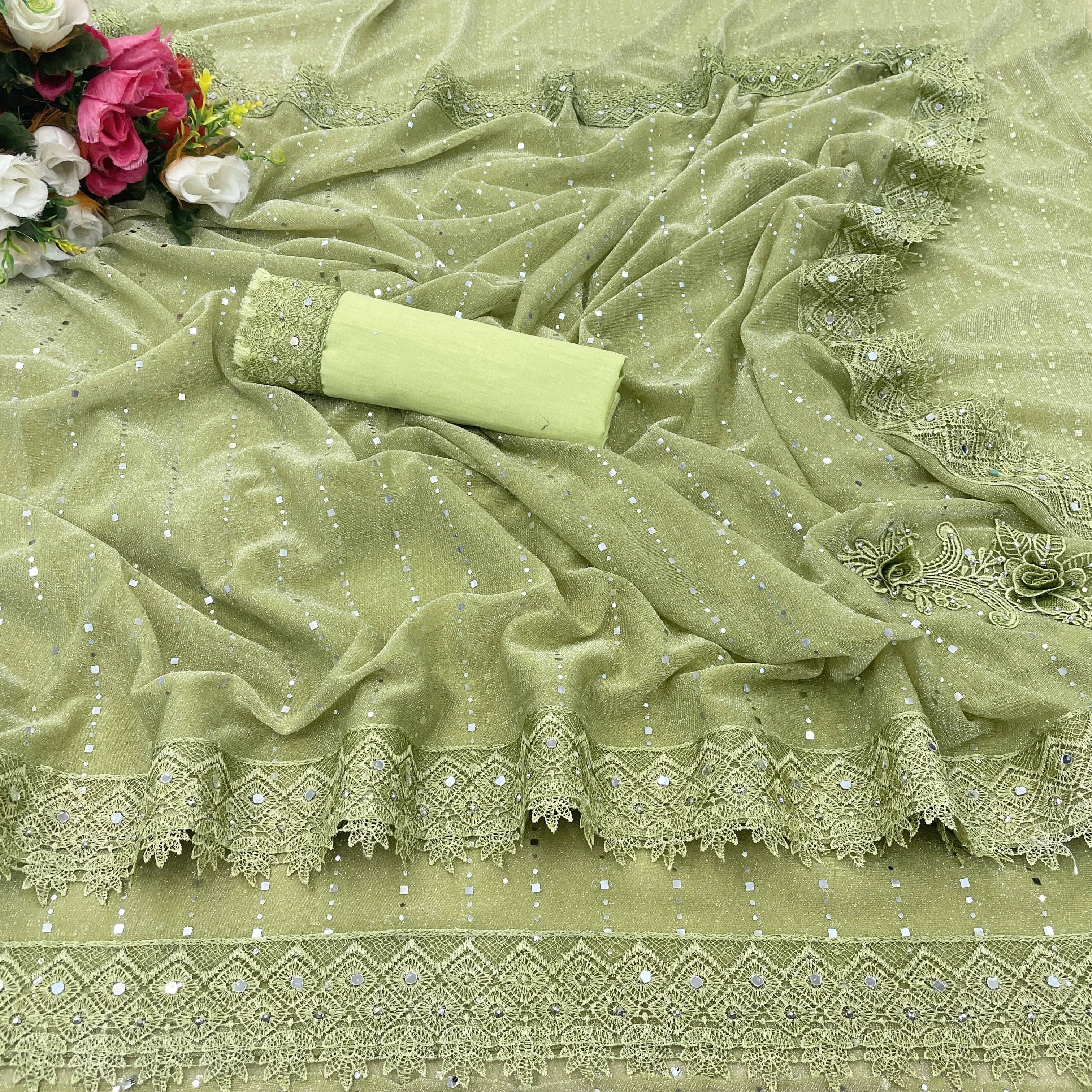     			VRAGI Lycra Applique Regular Saree With Unstitched Blouse Piece ( Green )