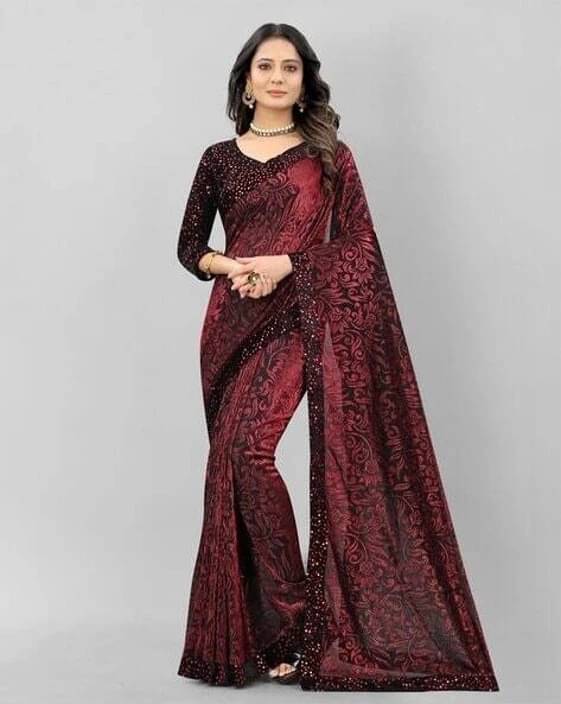 VRAGI Lycra Applique Regular Saree With Unstitched Blouse Piece ( Maroon ) VRAGI Lycra Applique Regular Saree With Unstitched Blouse Piece ( Maroon )