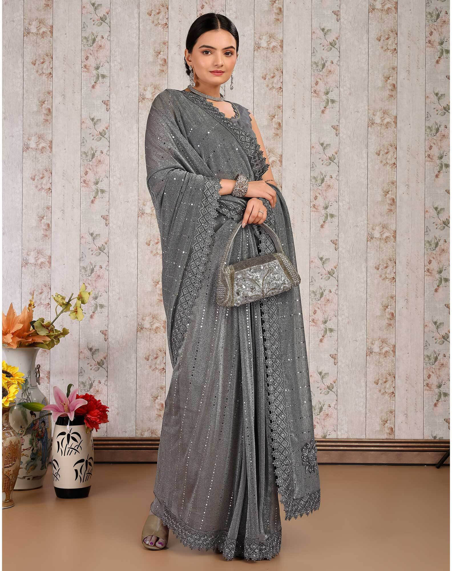 VRAGI Lycra Embellished Regular Saree With Unstitched Blouse Piece ( Grey ) VRAGI Lycra Embellished Regular Saree With Unstitched Blouse Piece ( Grey )