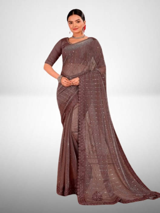     			VRAGI Lycra Embellished Regular Saree With Unstitched Blouse Piece ( Brown )