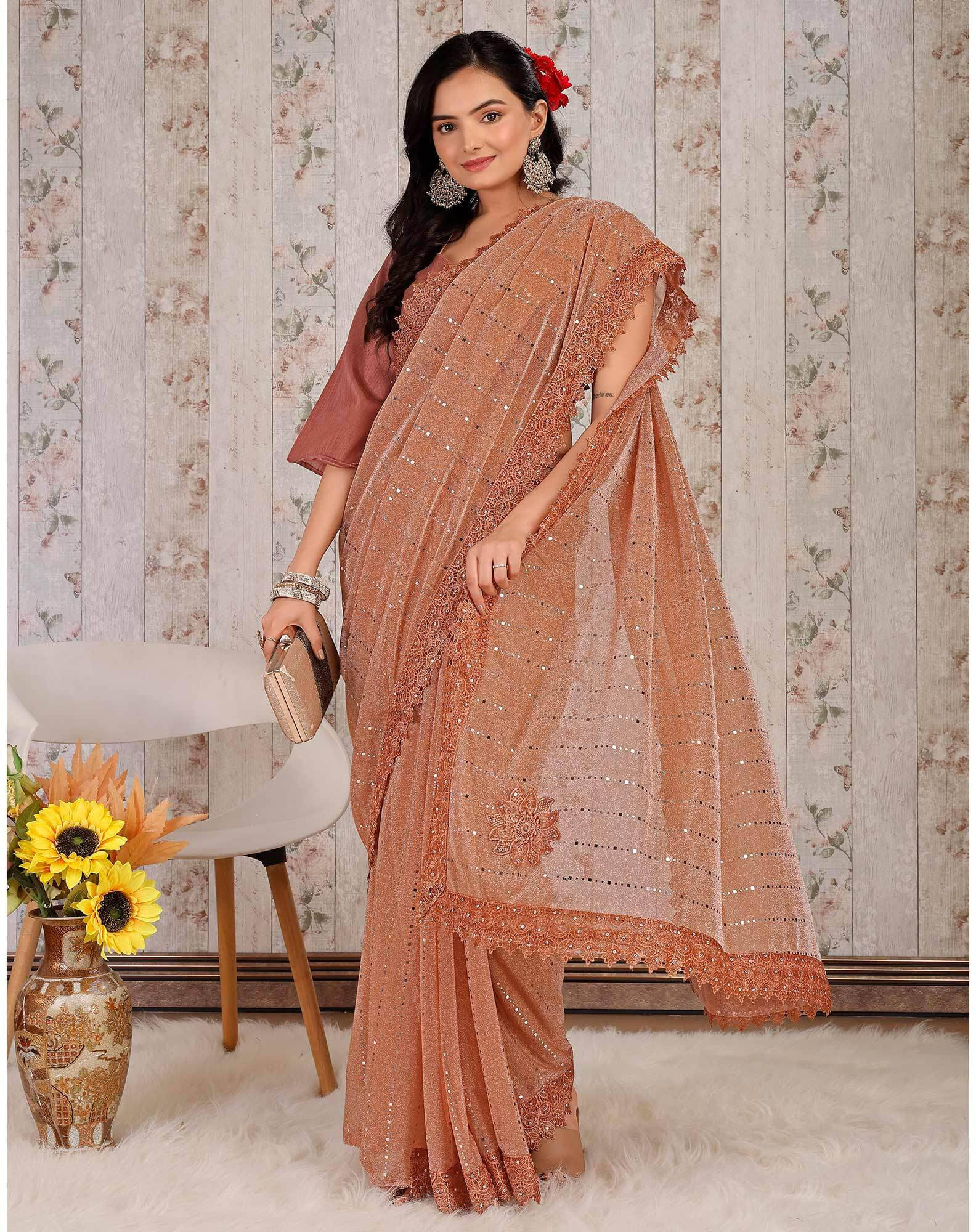     			VRAGI Lycra Embellished Regular Saree With Unstitched Blouse Piece ( Orange )