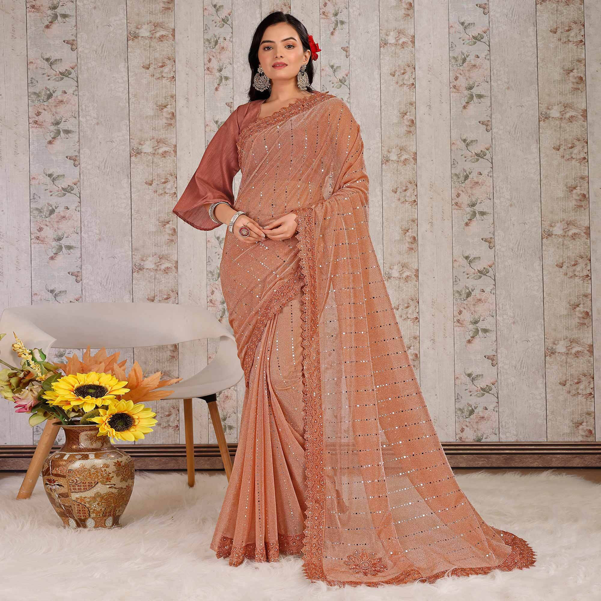     			VRAGI Lycra Embellished Regular Saree With Unstitched Blouse Piece ( Orange )