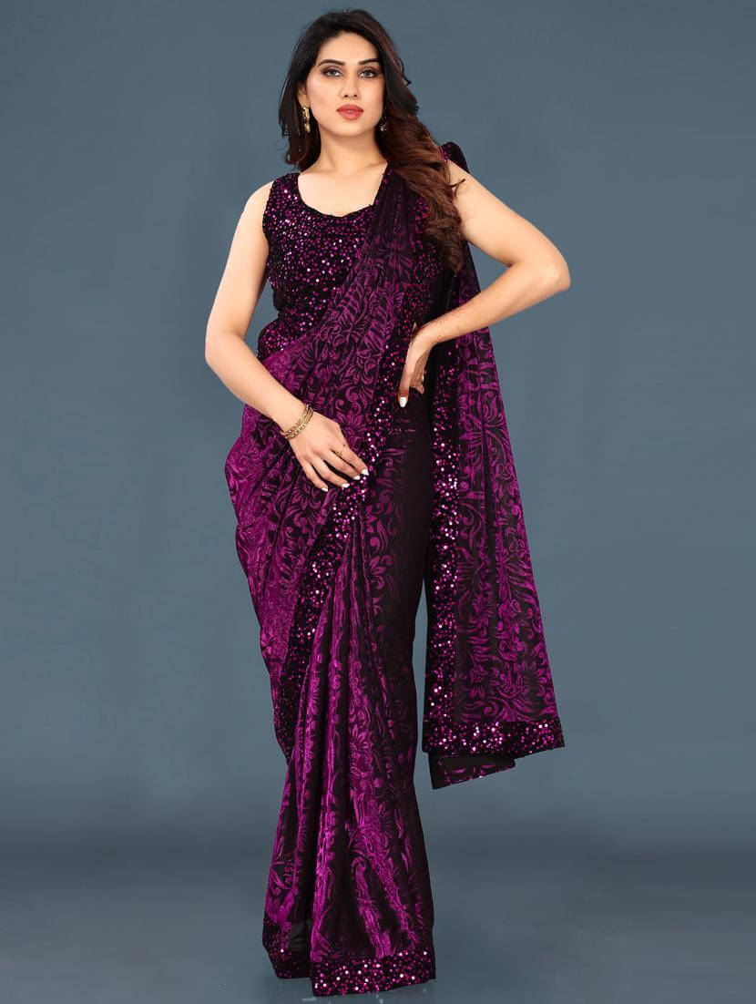     			VRAGI Lycra Embellished Regular Saree With Unstitched Blouse Piece ( Purple )