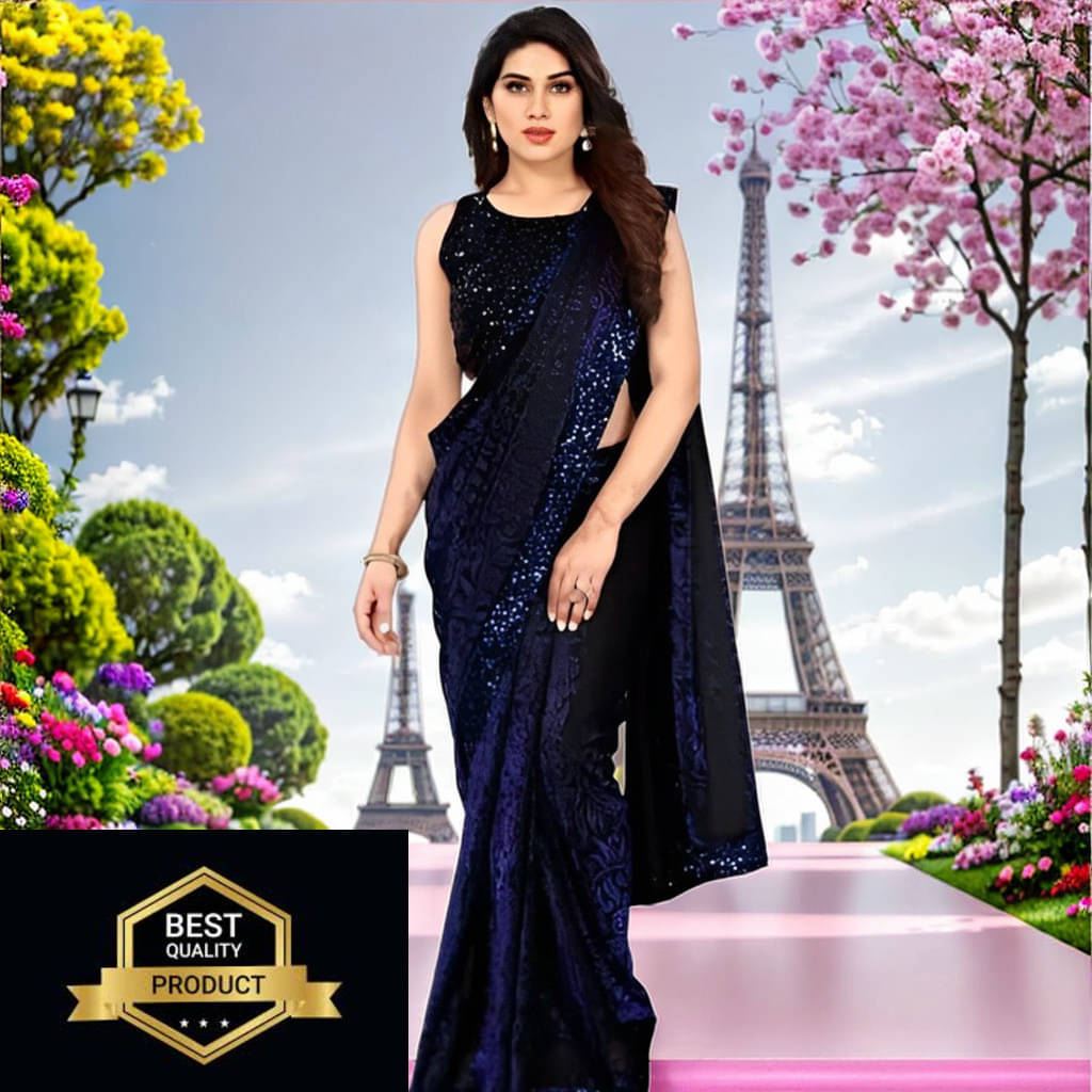     			VRAGI Lycra Embellished Regular Saree With Unstitched Blouse Piece ( Navy Blue )