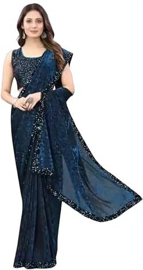     			VRAGI Lycra Embellished Regular Saree With Unstitched Blouse Piece ( Navy Blue )