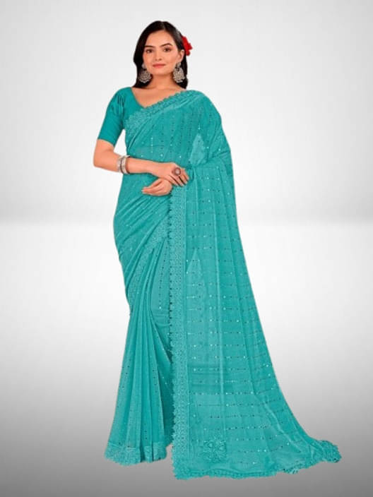 VRAGI Lycra Embellished Regular Saree With Unstitched Blouse Piece ( Blue ) VRAGI Lycra Embellished Regular Saree With Unstitched Blouse Piece ( Blue )