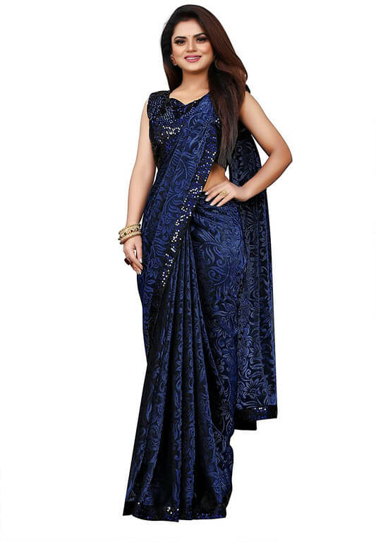     			VRAGI Lycra Embellished Regular Saree With Unstitched Blouse Piece ( Navy Blue )